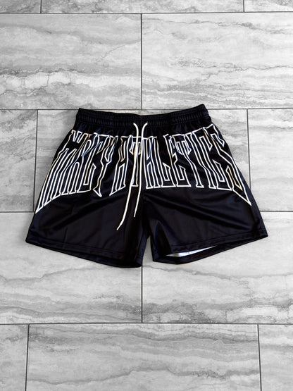 MESH FERAL "METALWING" MID-THIGH CUT SHORTS- BLACK