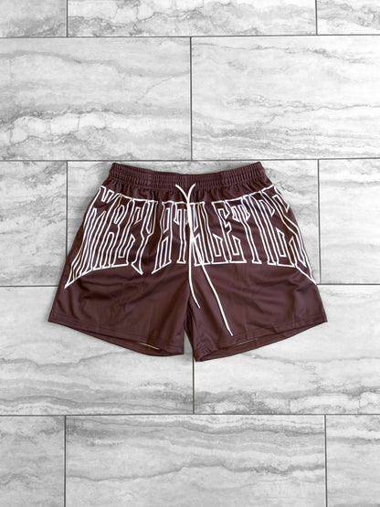 MESH FERAL "METALWING" MID-THIGH CUT SHORTS- BROWN